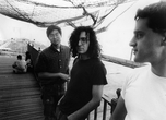 Left to right: Sooyoung Park, Jon Fine and Orestes Morfin on Brooklyn Bridge in 1990. Photo by John Engle